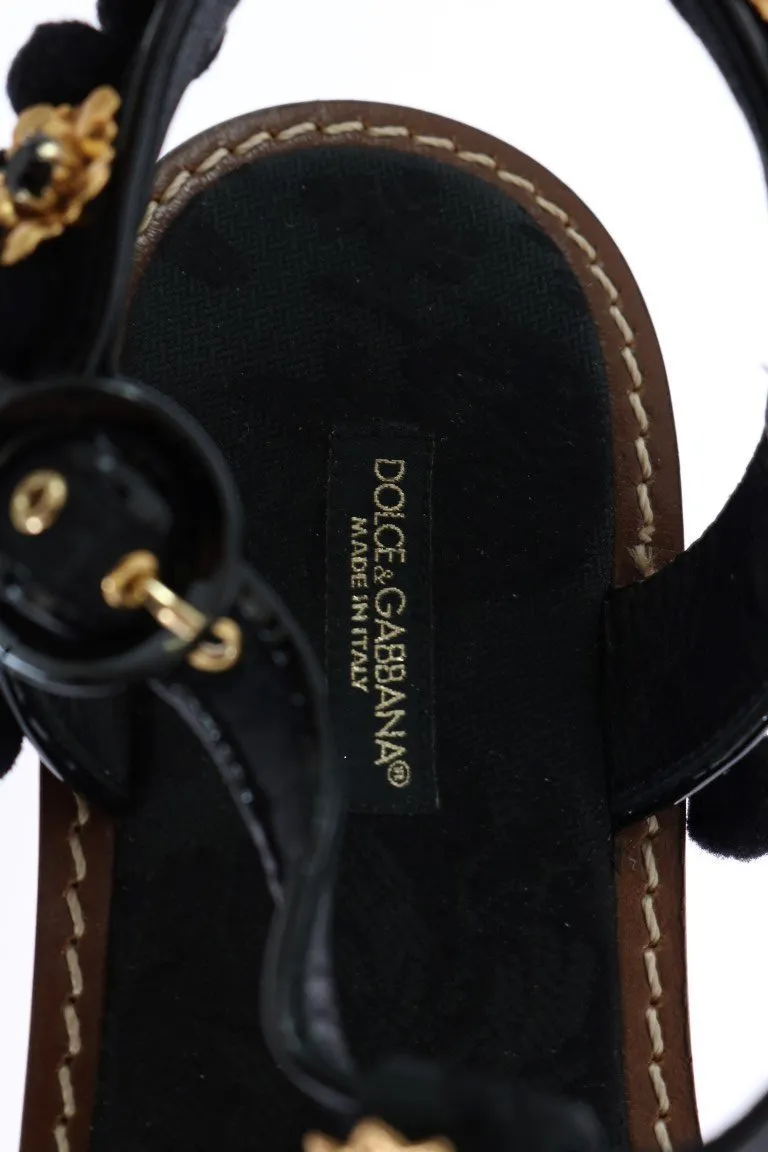 Black Leather Crystal Pom Pom Sandals