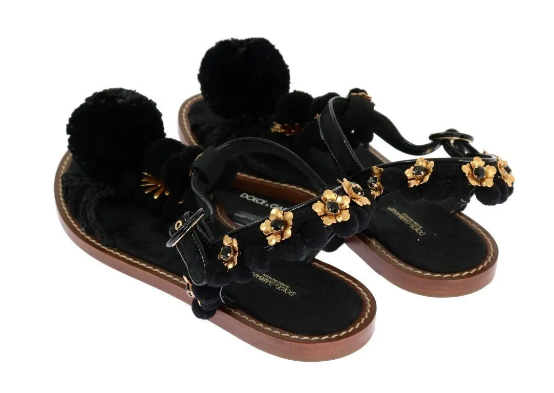Black Leather Crystal Pom Pom Sandals
