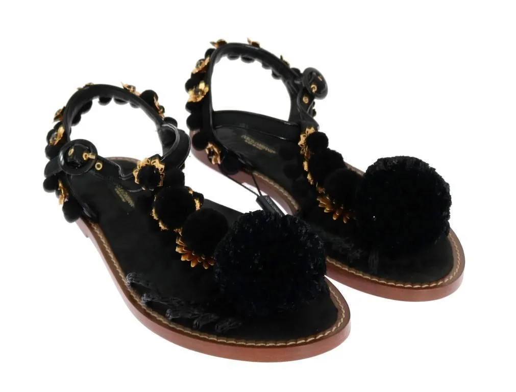 Black Leather Crystal Pom Pom Sandals
