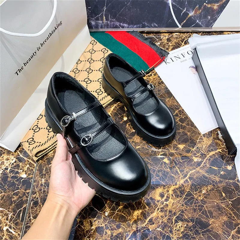 BLACK RETRO BUCKLE SMALL LEATHER SHOES UB3128