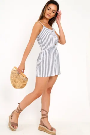 Blue And White Stripe Button Front Playsuit - Aaryn