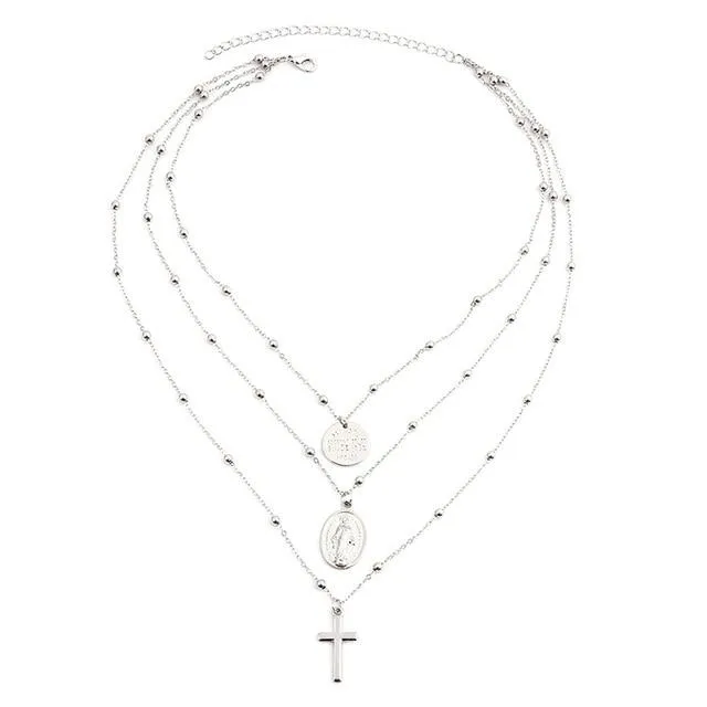 Bohemian Holy Cross and Virgin Mary Multi Layered Necklace