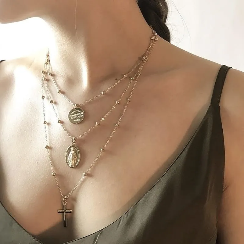 Bohemian Holy Cross and Virgin Mary Multi Layered Necklace