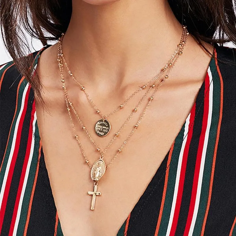 Bohemian Holy Cross and Virgin Mary Multi Layered Necklace