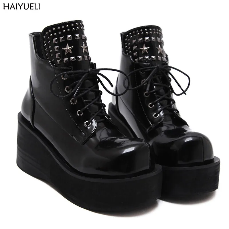 Botas Invierno Mujer Fashion Platform Shoes Women Punk Black Gothic Ankle Boots Womens Platform Wedge Lace up Motorcycle Boots