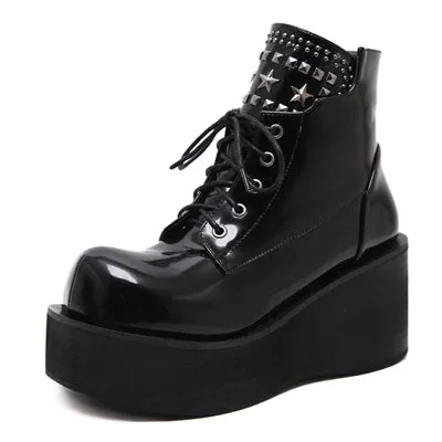 Botas Invierno Mujer Fashion Platform Shoes Women Punk Black Gothic Ankle Boots Womens Platform Wedge Lace up Motorcycle Boots