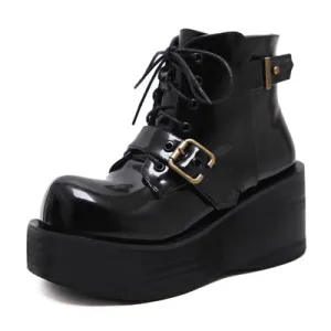 Botas Invierno Mujer Fashion Platform Shoes Women Punk Black Gothic Ankle Boots Womens Platform Wedge Lace up Motorcycle Boots