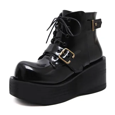 Botas Invierno Mujer Fashion Platform Shoes Women Punk Black Gothic Ankle Boots Womens Platform Wedge Lace up Motorcycle Boots