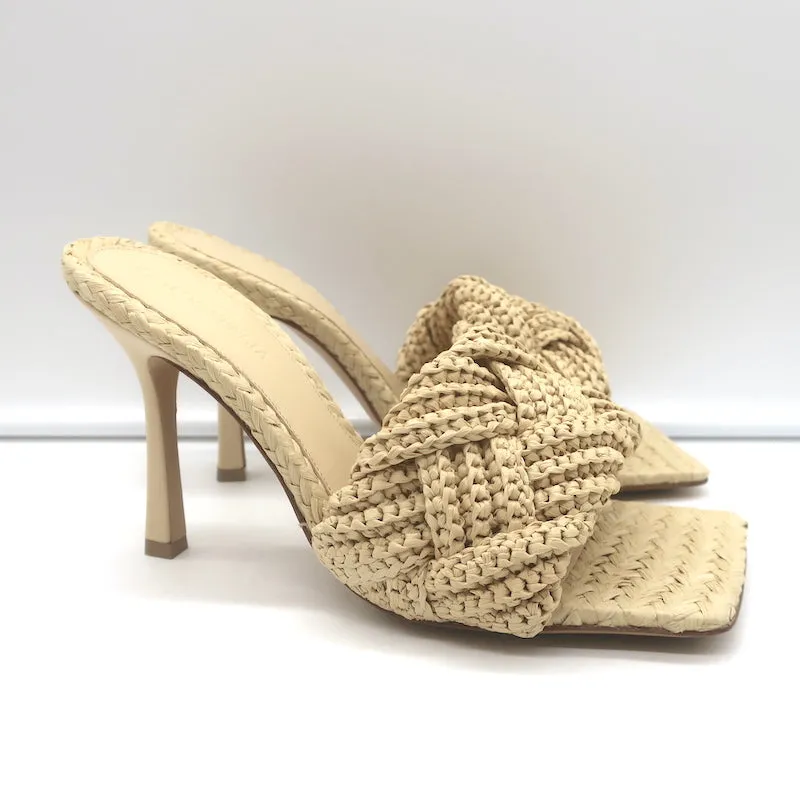 Bottega Veneta Lido Intrecciato Raffia Mules Beige Size 38.5 Open Toe Sandal NEW