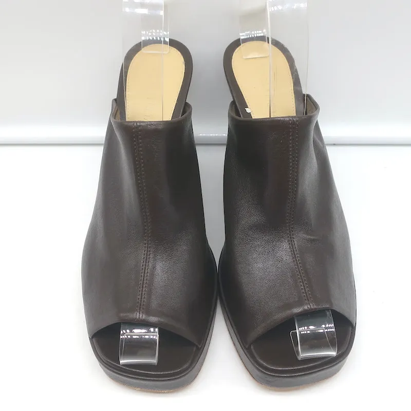 Bottega Veneta Stack Mules Dark Brown Leather Size 38.5 Open Toe Heels NEW