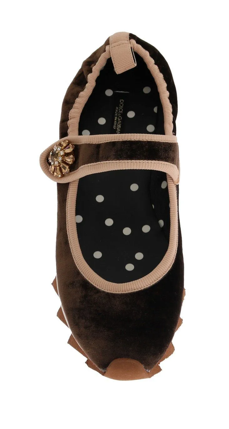 Brown Velvet Crystal Strap Ballerina Shoes