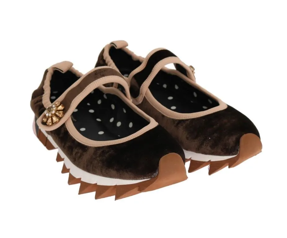Brown Velvet Crystal Strap Ballerina Shoes