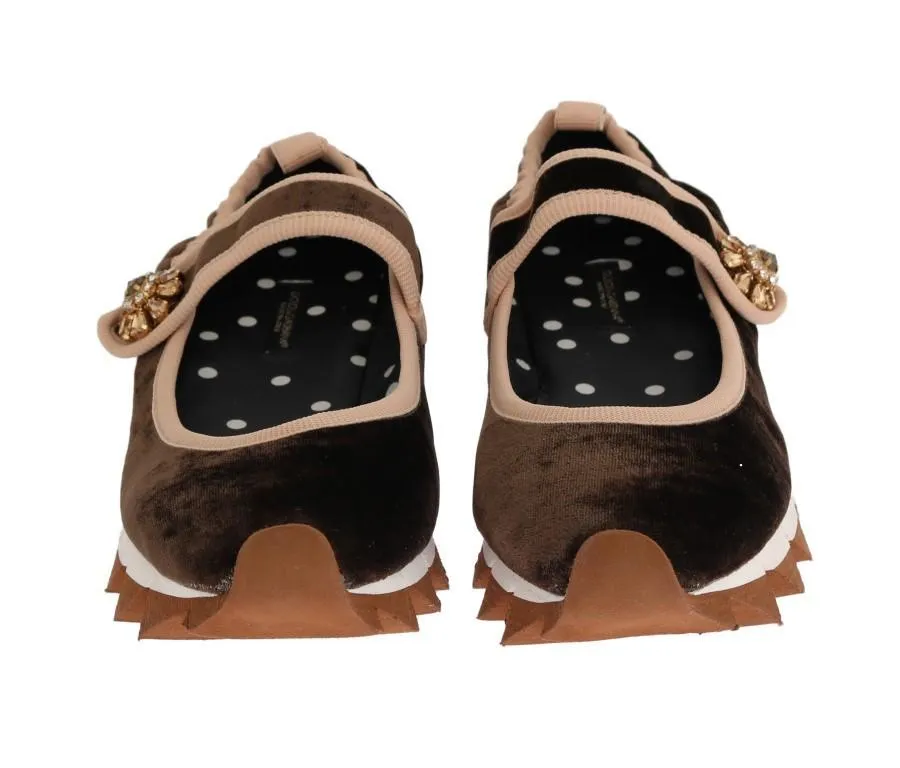 Brown Velvet Crystal Strap Ballerina Shoes