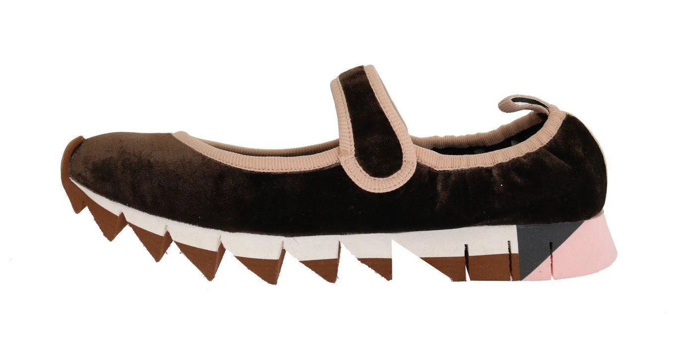 Brown Velvet Crystal Strap Ballerina Shoes