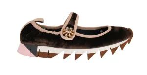 Brown Velvet Crystal Strap Ballerina Shoes