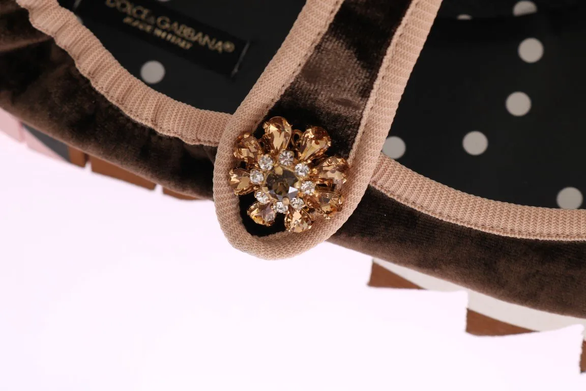 Brown Velvet Crystal Strap Ballerina Shoes