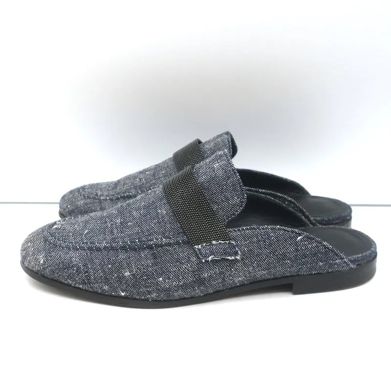 Brunello Cucinelli Monili Trim Denim Mules Blue Size 37 Flat Backless Loafers