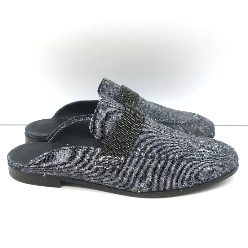 Brunello Cucinelli Monili Trim Denim Mules Blue Size 37 Flat Backless Loafers