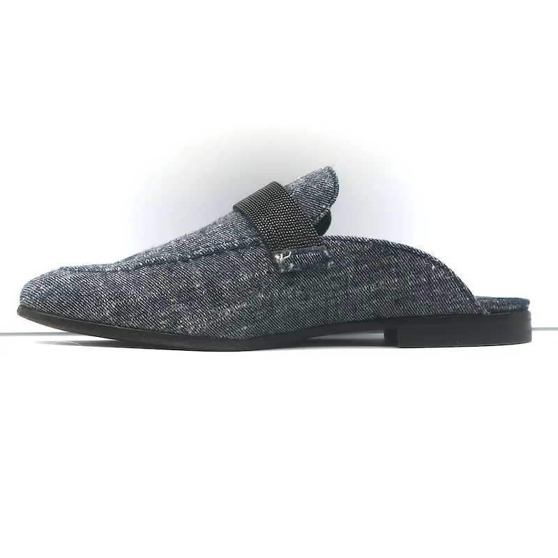 Brunello Cucinelli Monili Trim Denim Mules Blue Size 37 Flat Backless Loafers
