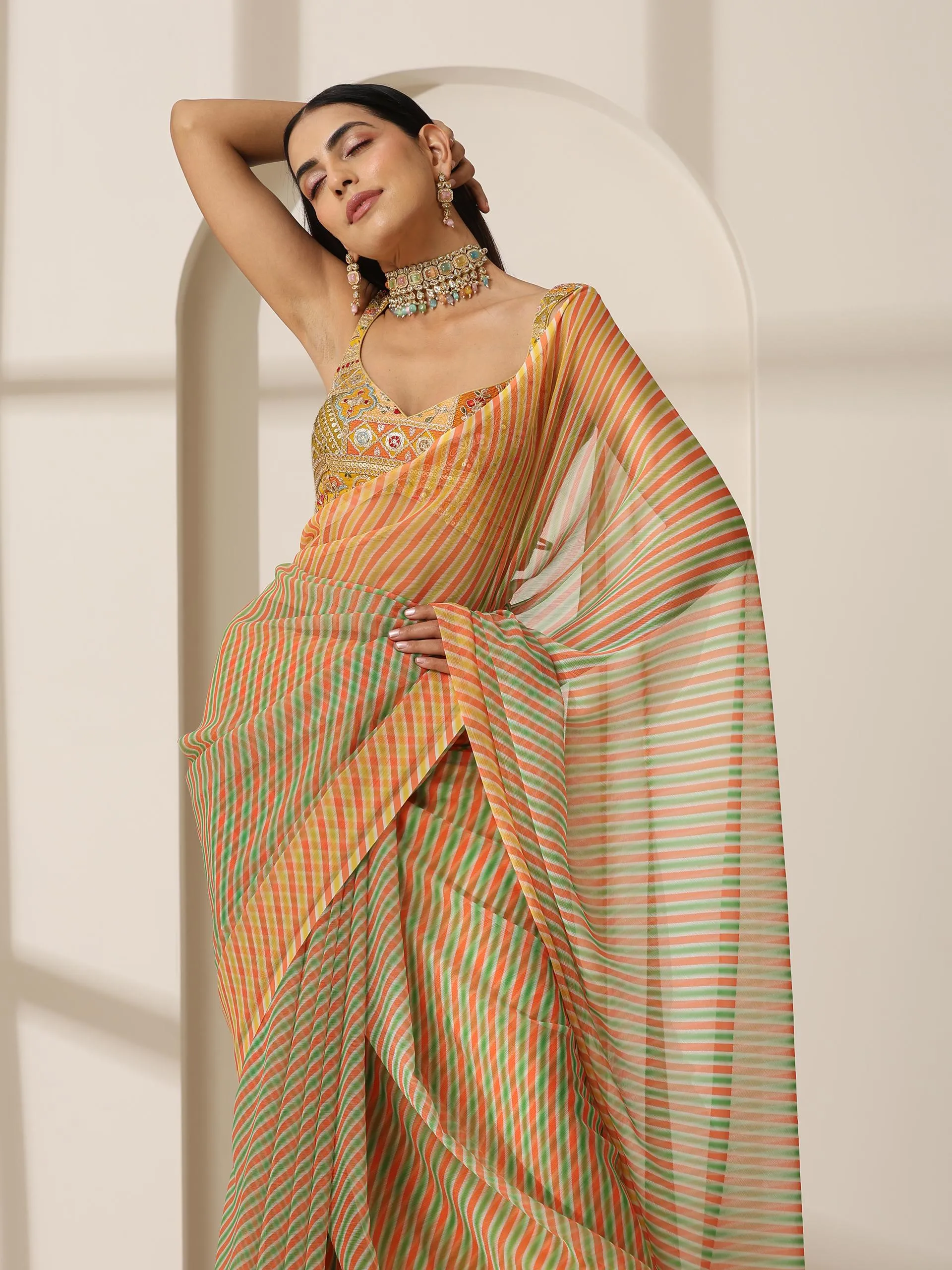 Chameleon Ombre Stripes Chiffon Printed Saree with Pendants