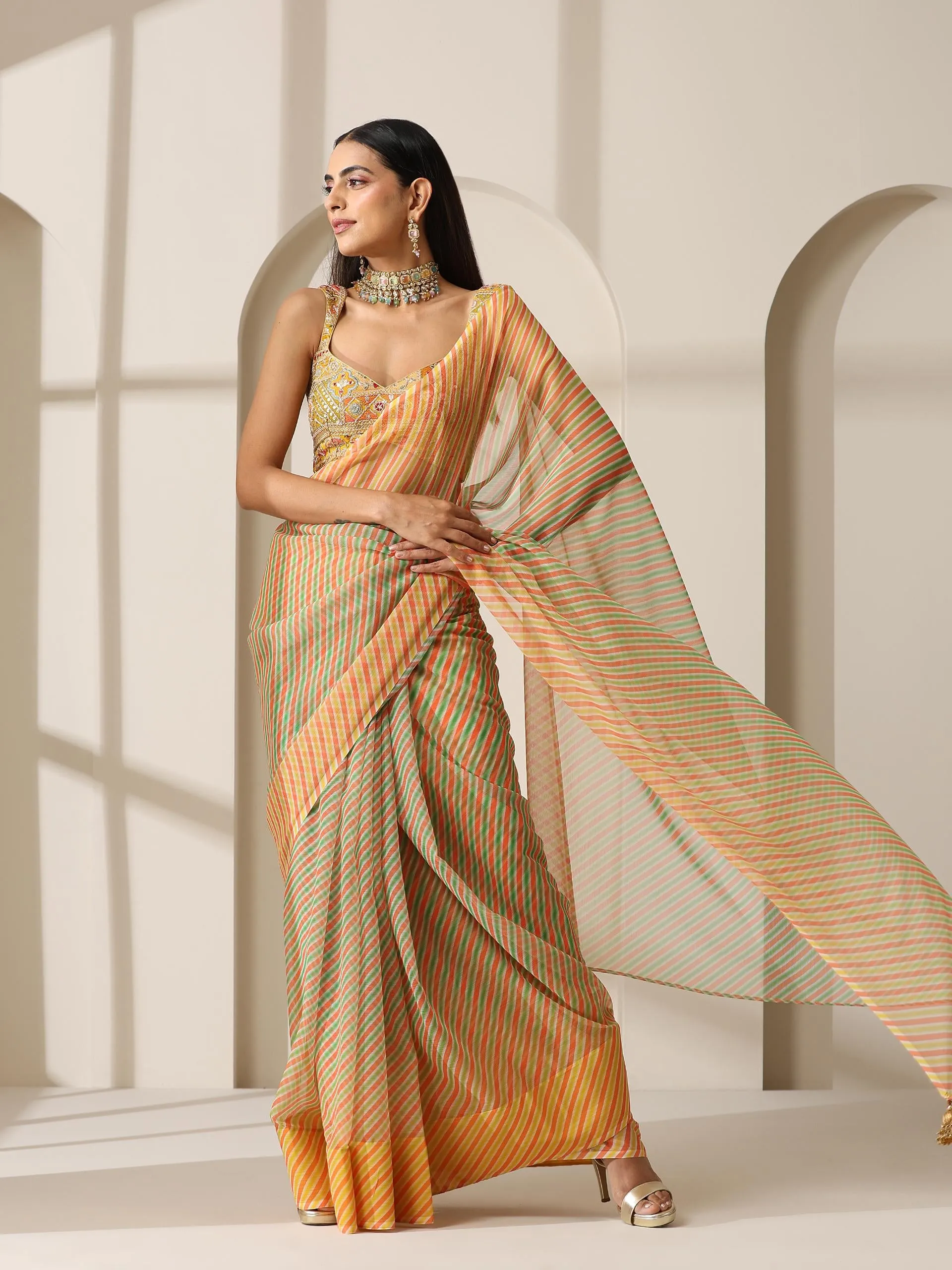 Chameleon Ombre Stripes Chiffon Printed Saree with Pendants