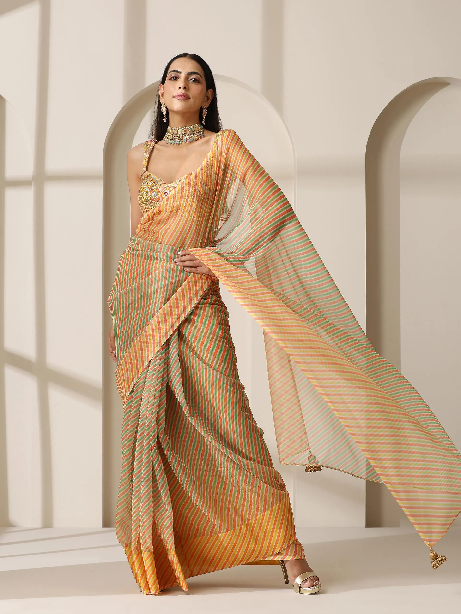 Chameleon Ombre Stripes Chiffon Printed Saree with Pendants
