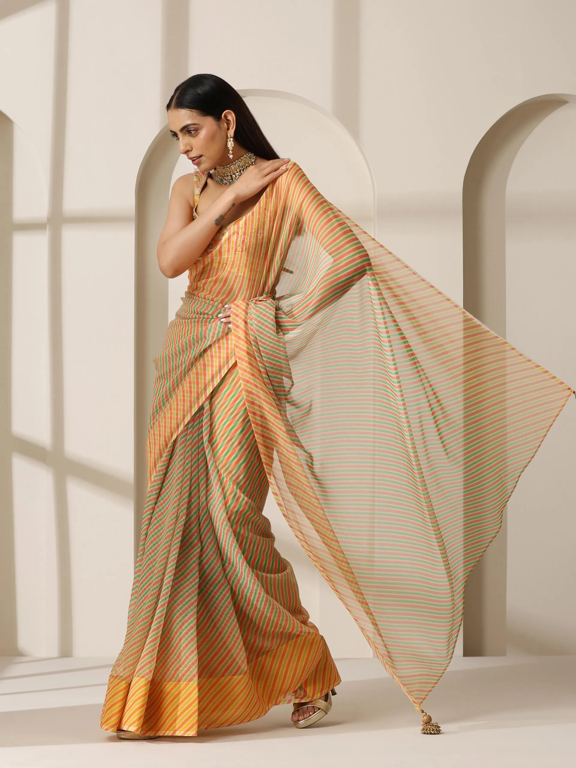 Chameleon Ombre Stripes Chiffon Printed Saree with Pendants