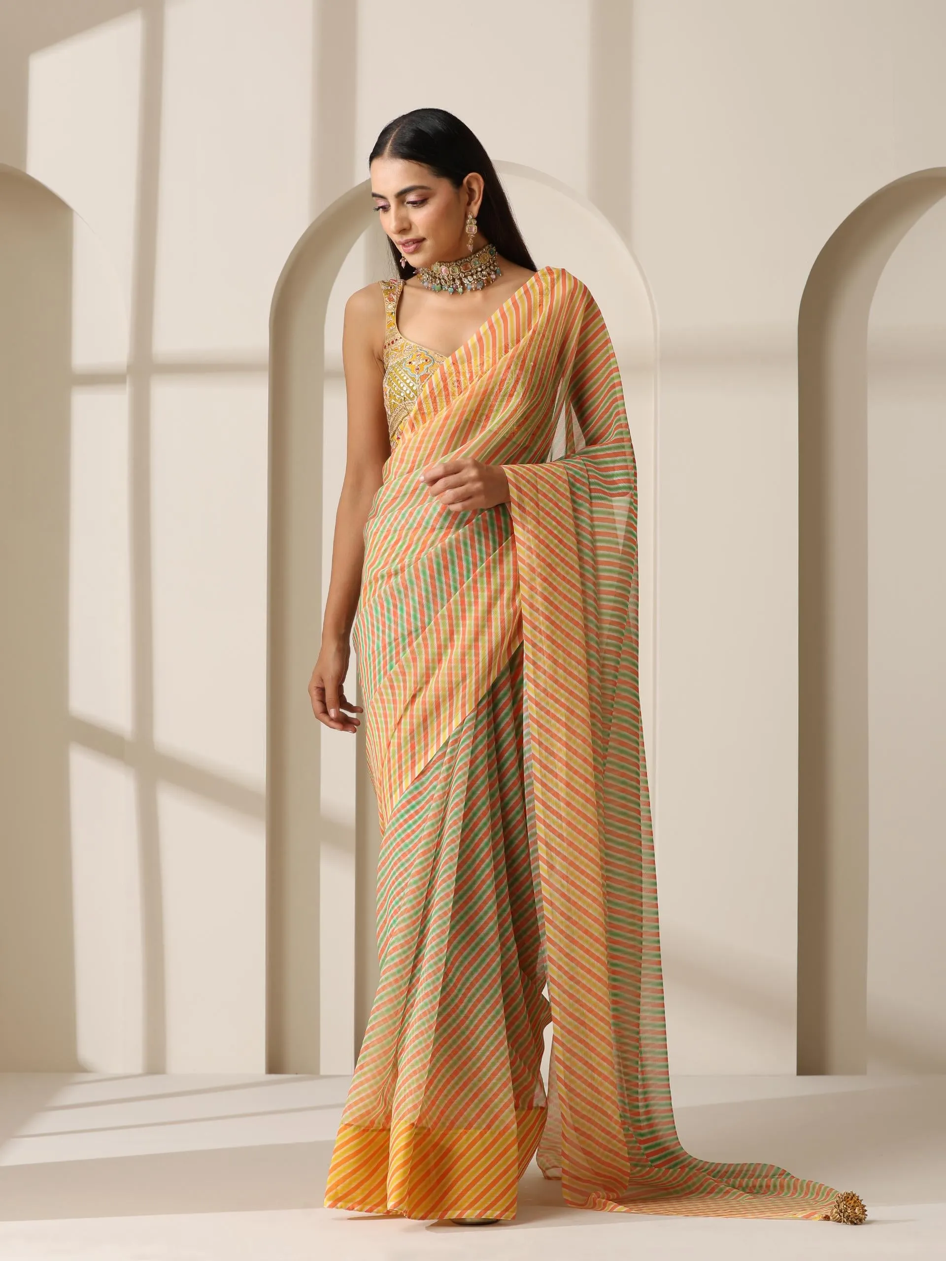 Chameleon Ombre Stripes Chiffon Printed Saree with Pendants