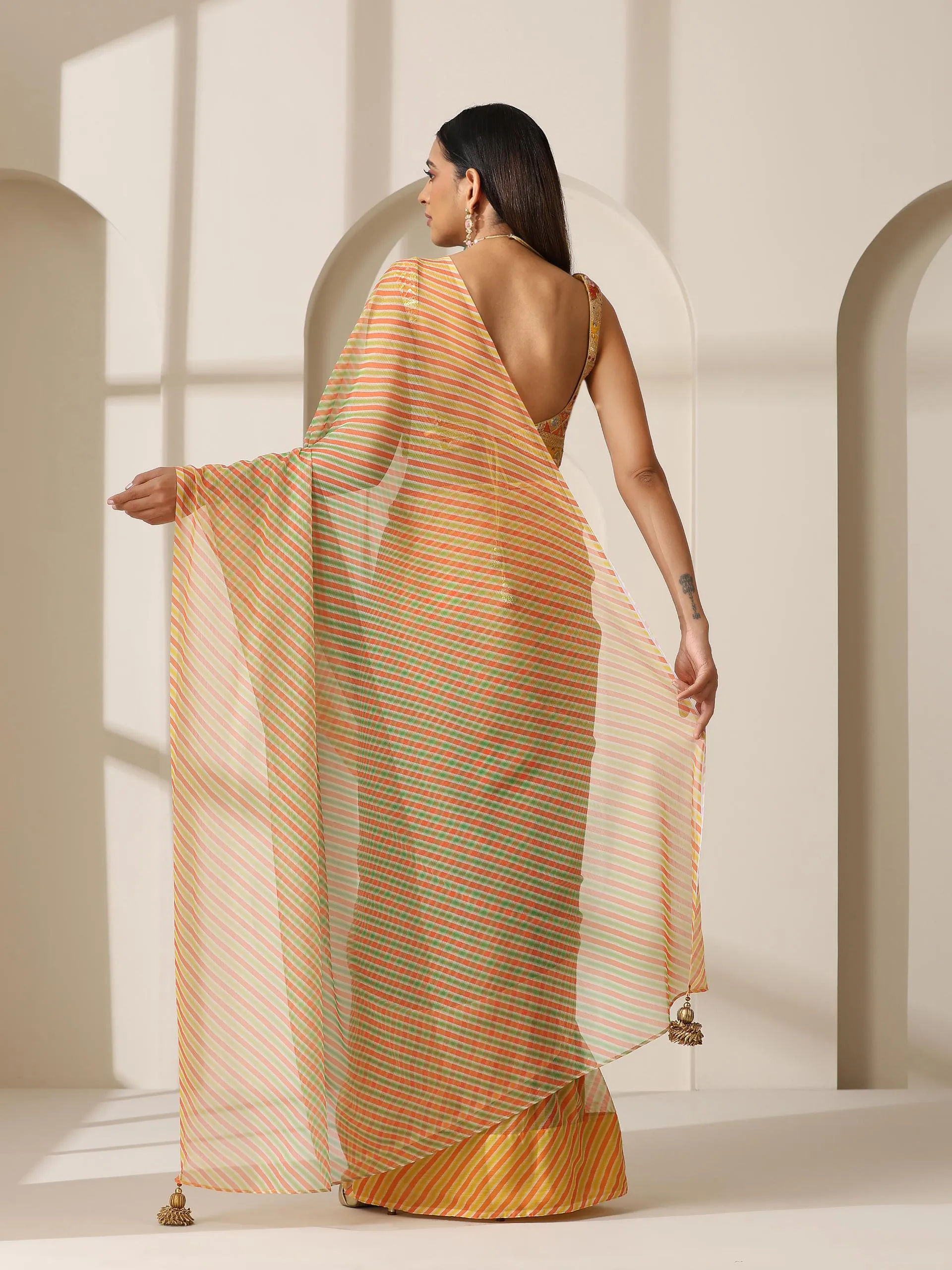 Chameleon Ombre Stripes Chiffon Printed Saree with Pendants