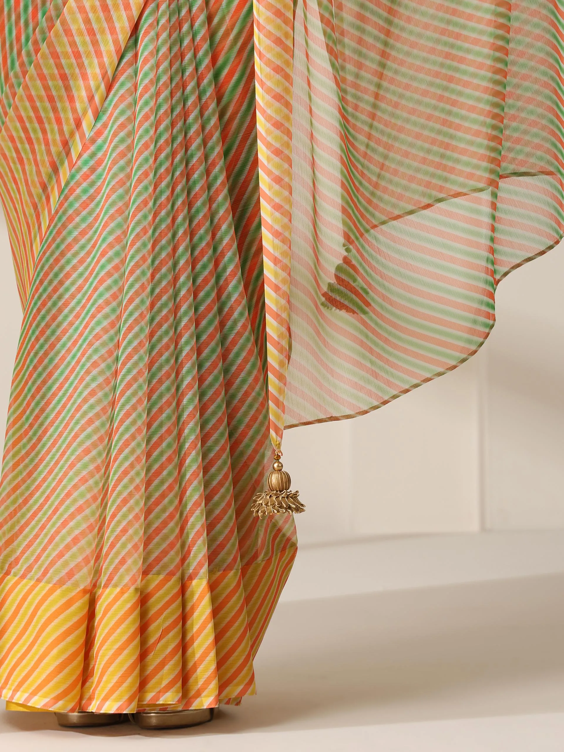 Chameleon Ombre Stripes Chiffon Printed Saree with Pendants