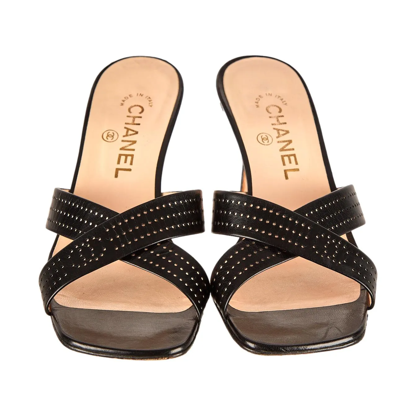 Chanel Black Perforated Logo Kitten Heel
