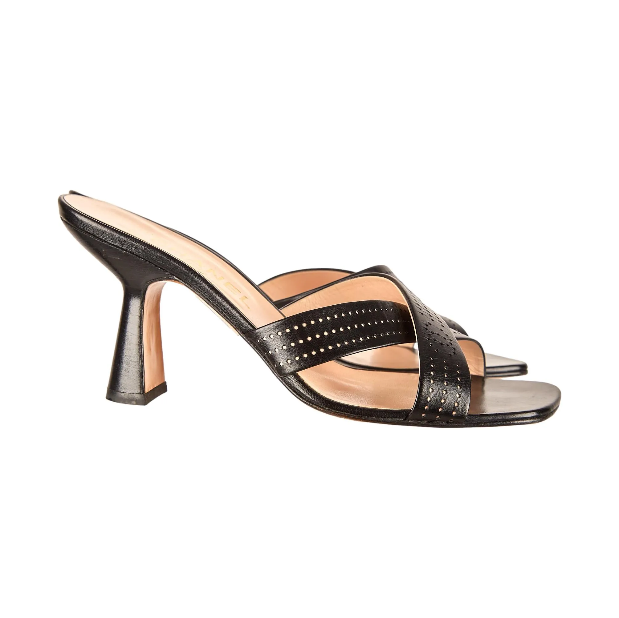 Chanel Black Perforated Logo Kitten Heel