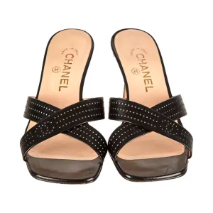 Chanel Black Perforated Logo Kitten Heel