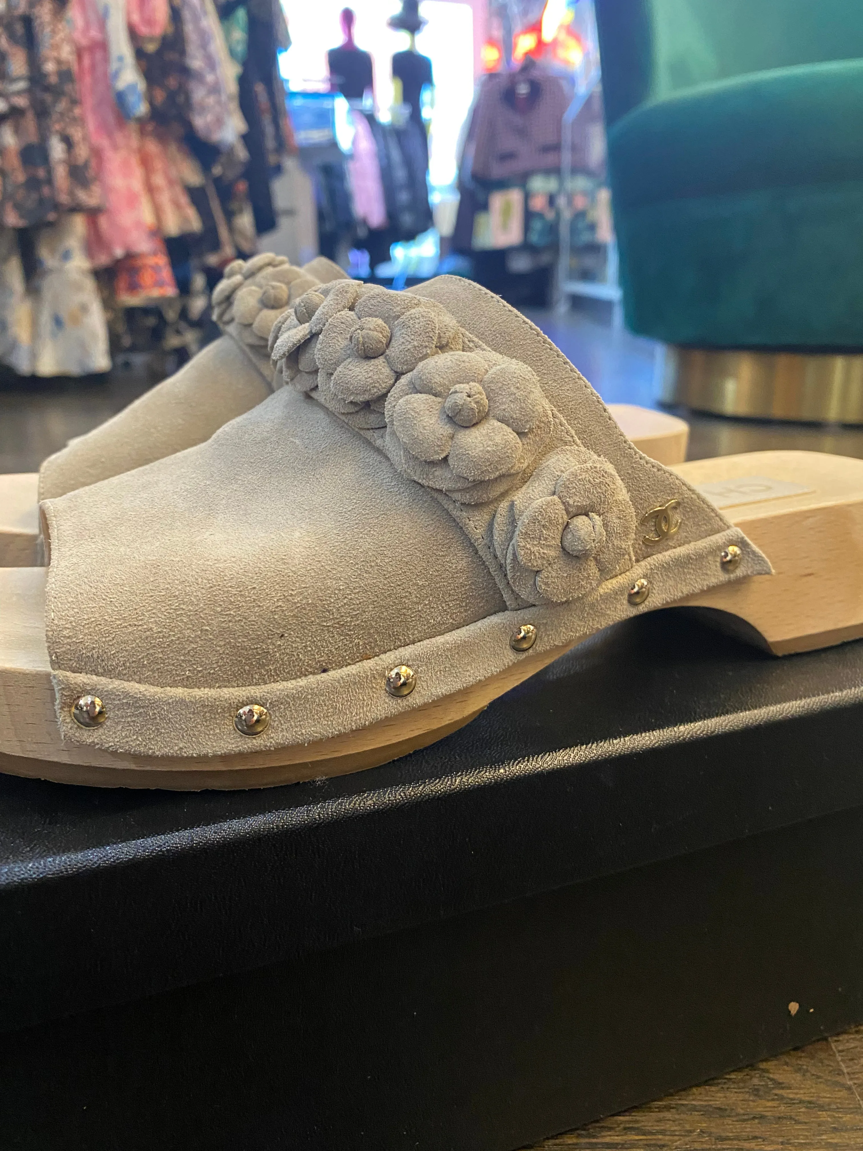 Chanel Light Grey Suede Wooden Open Toe Mule with Flowers