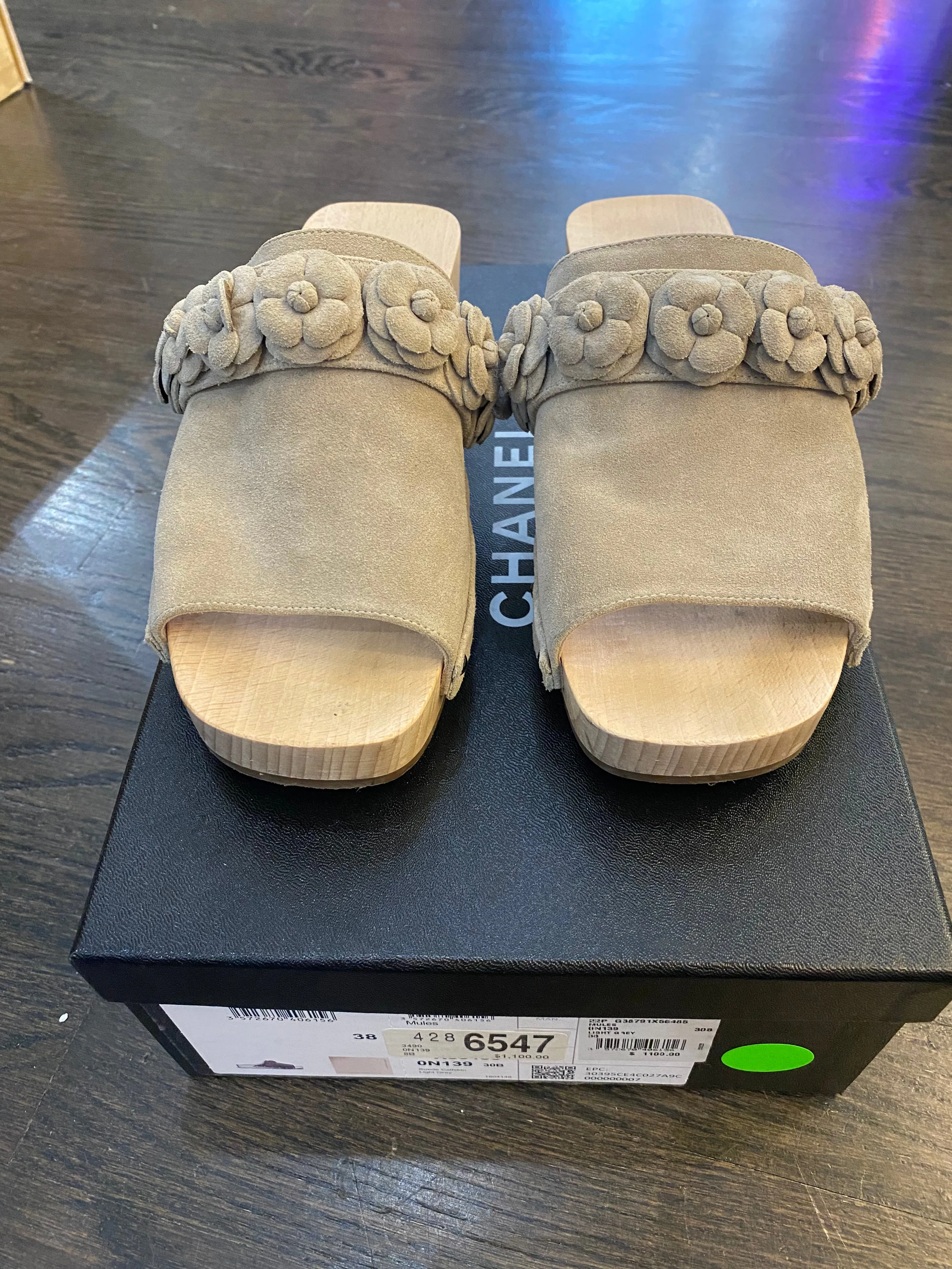 Chanel Light Grey Suede Wooden Open Toe Mule with Flowers