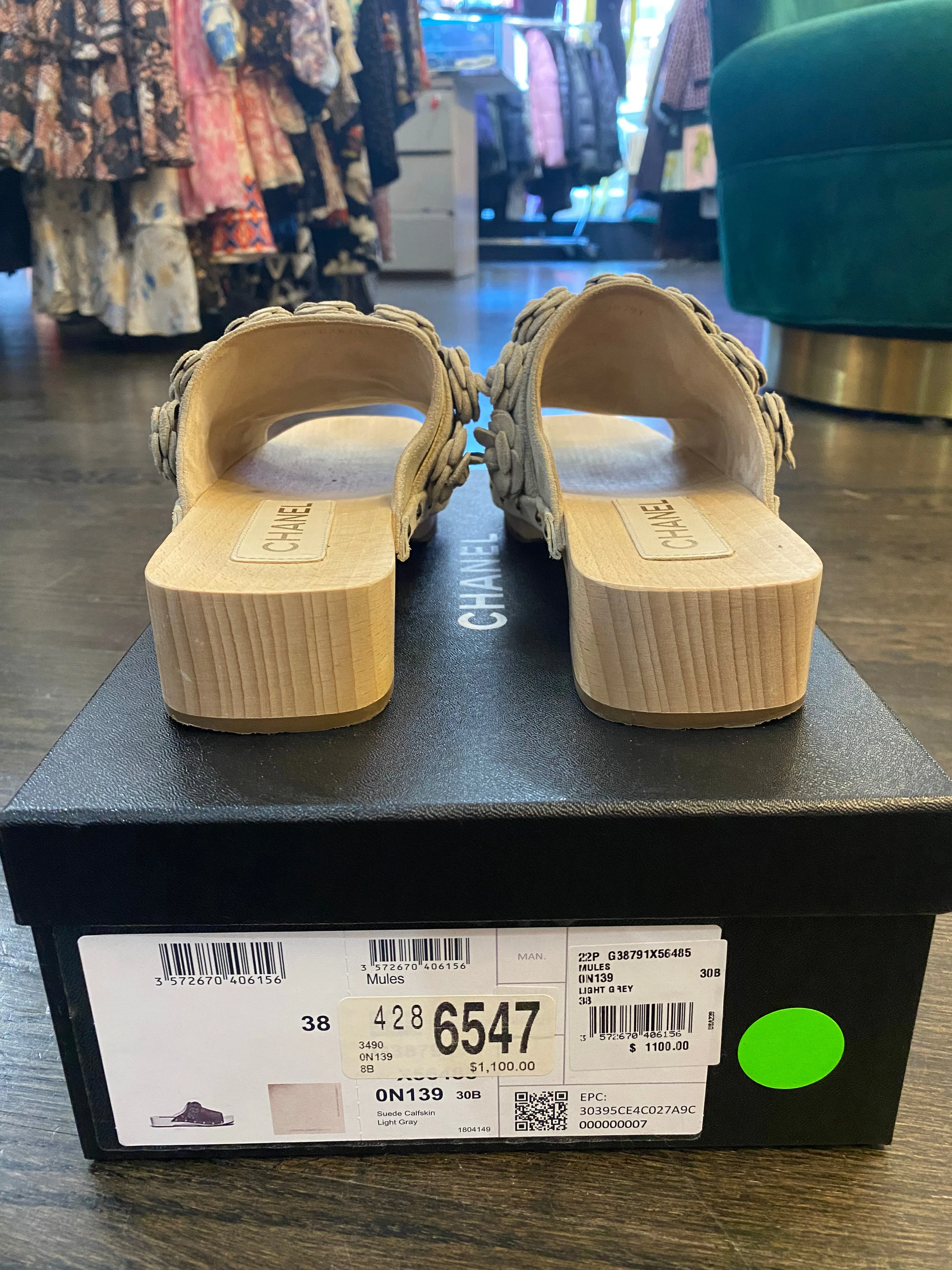Chanel Light Grey Suede Wooden Open Toe Mule with Flowers