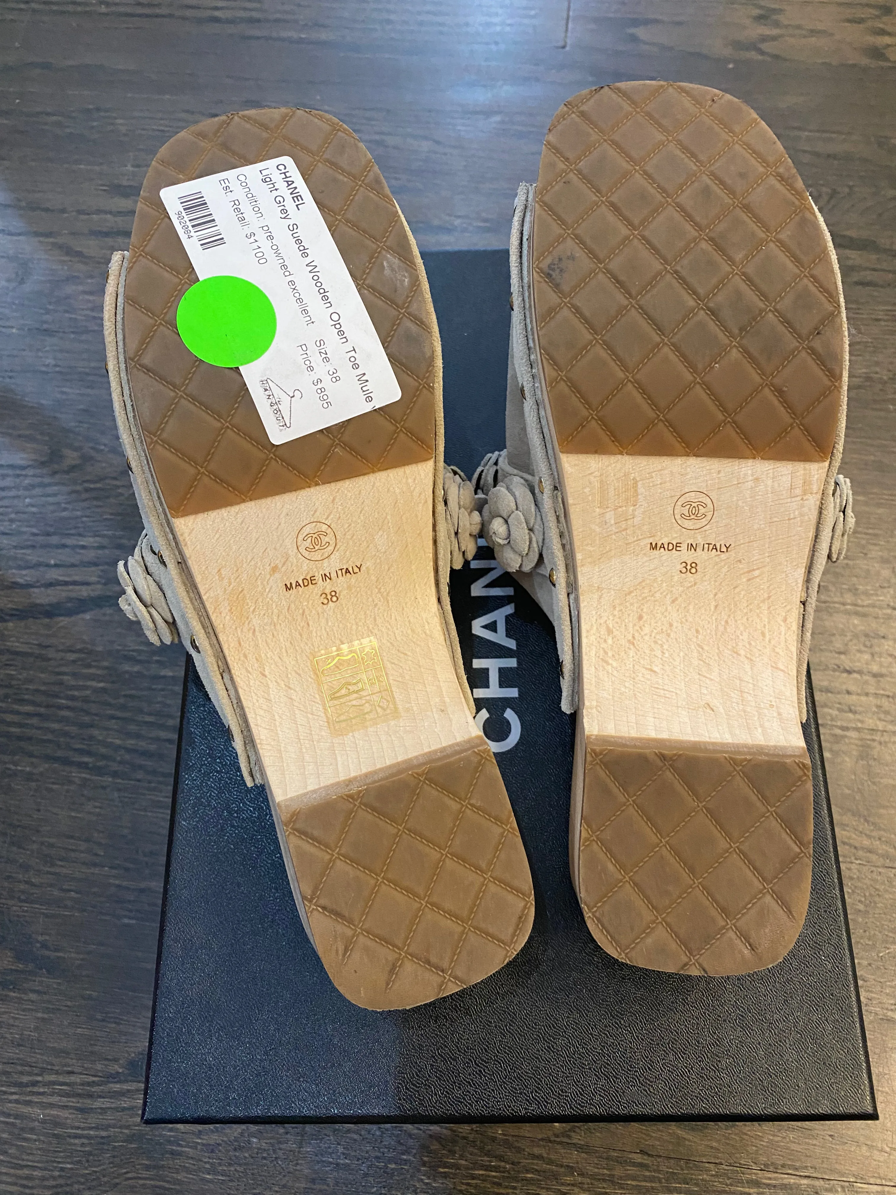 Chanel Light Grey Suede Wooden Open Toe Mule with Flowers