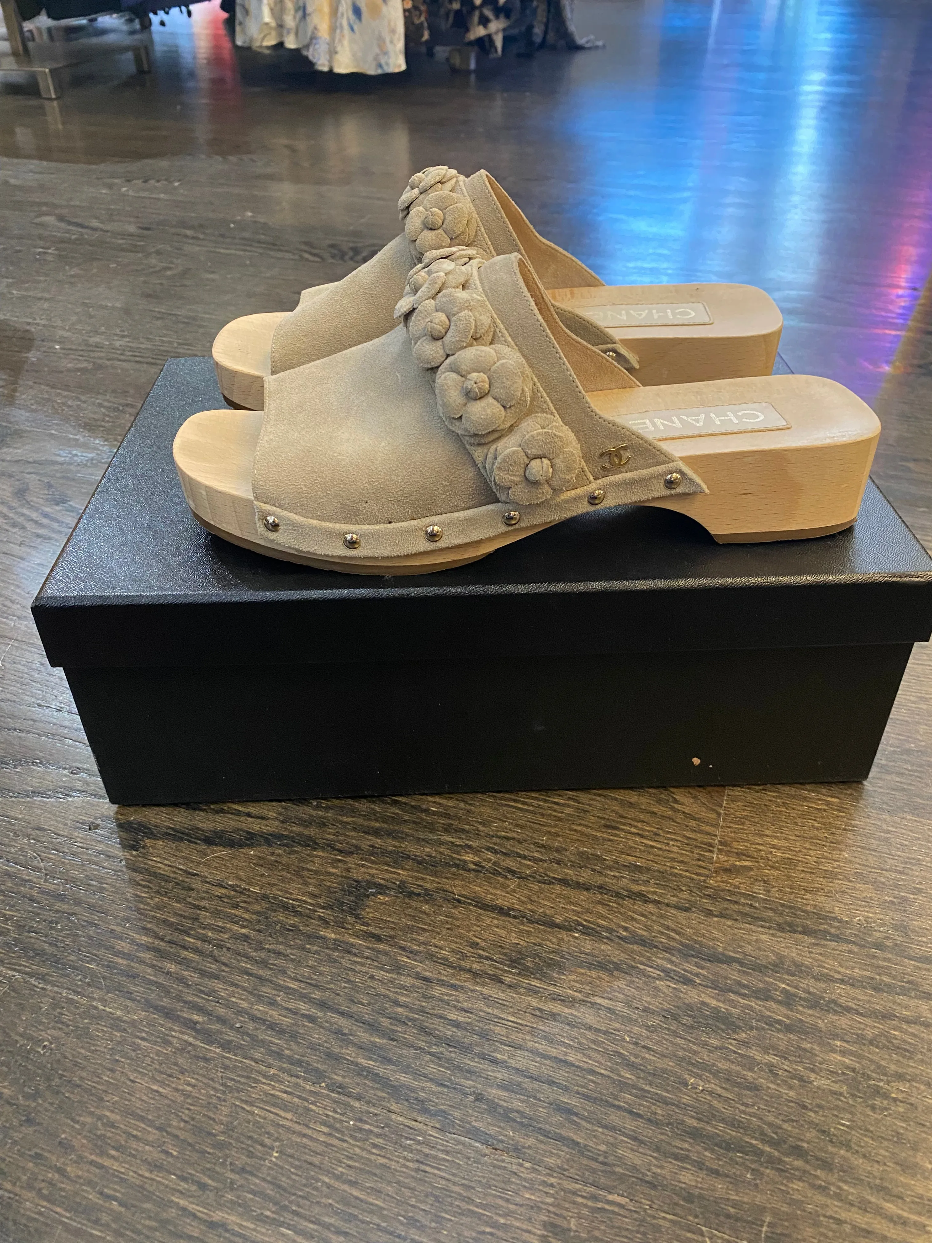 Chanel Light Grey Suede Wooden Open Toe Mule with Flowers