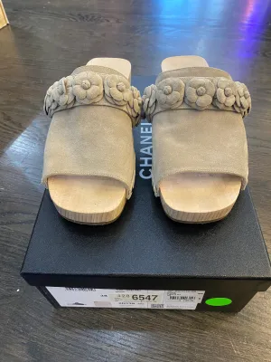 Chanel Light Grey Suede Wooden Open Toe Mule with Flowers