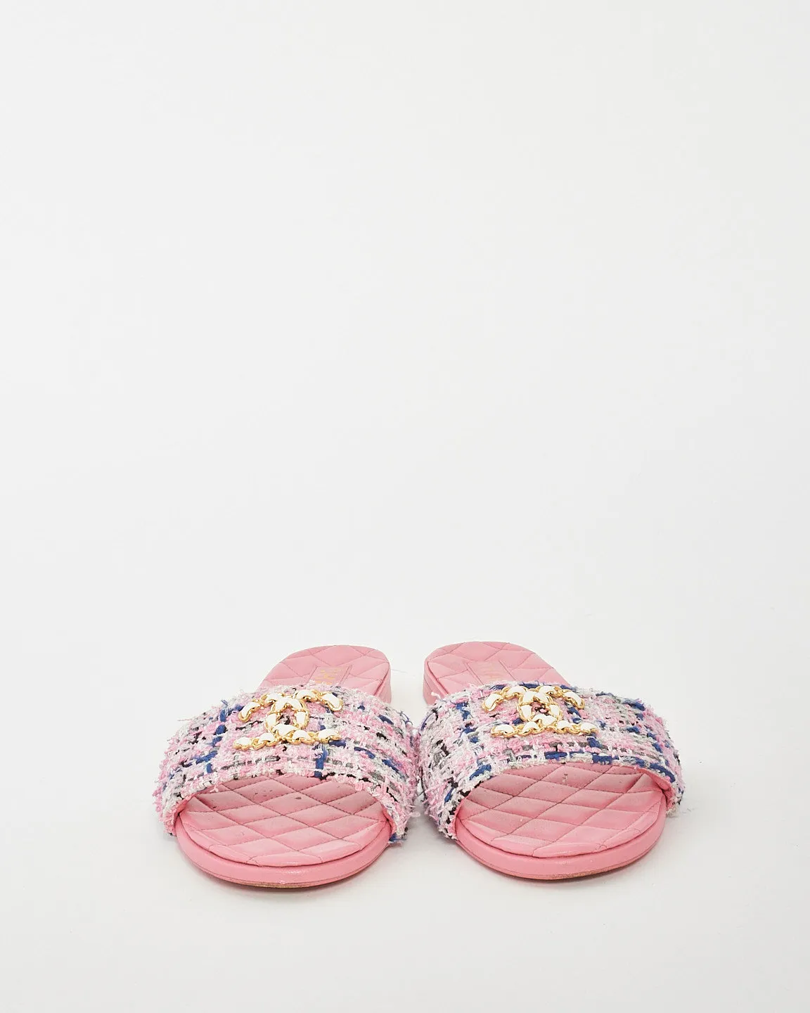 Chanel Pink Multi Leather & Tweed Logo Flat Sandals - 41