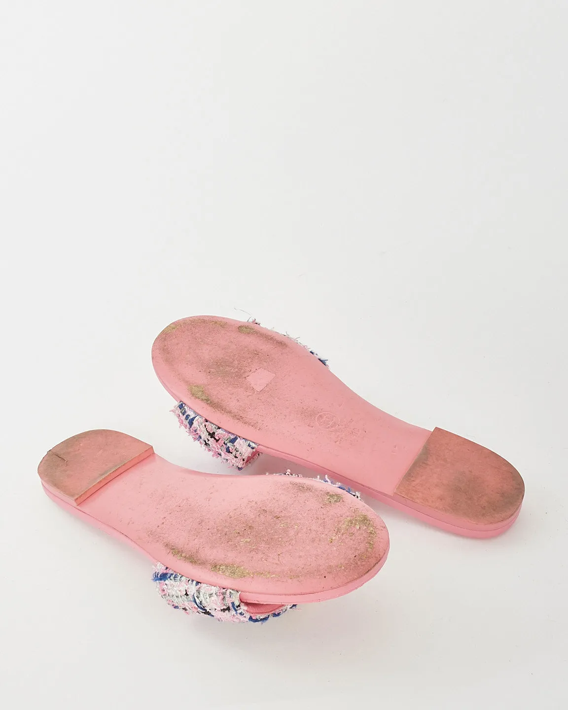 Chanel Pink Multi Leather & Tweed Logo Flat Sandals - 41