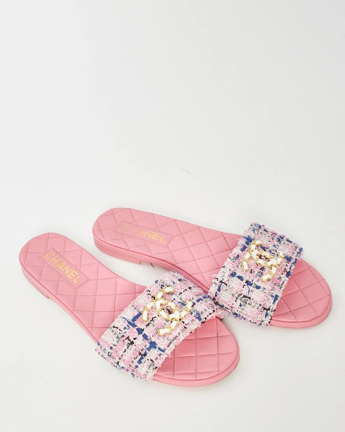 Chanel Pink Multi Leather & Tweed Logo Flat Sandals - 41