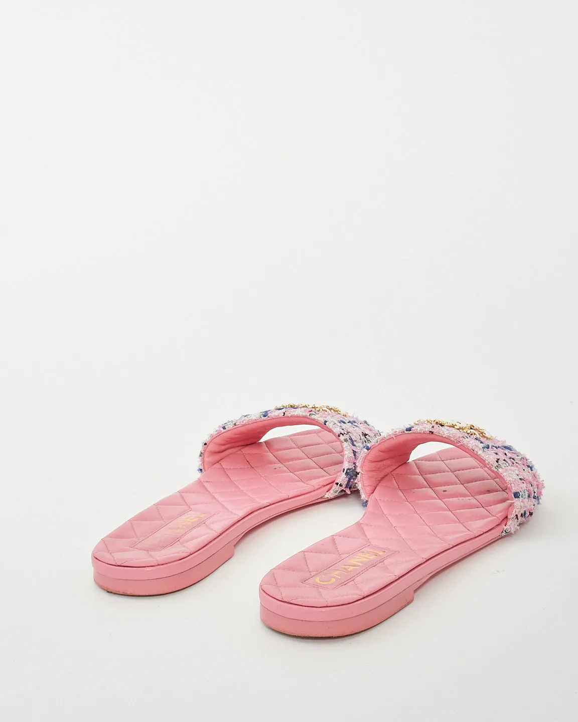 Chanel Pink Multi Leather & Tweed Logo Flat Sandals - 41