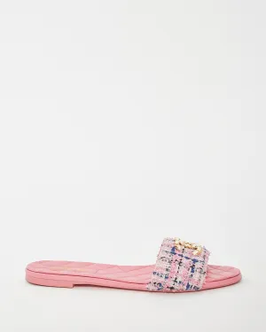 Chanel Pink Multi Leather & Tweed Logo Flat Sandals - 41
