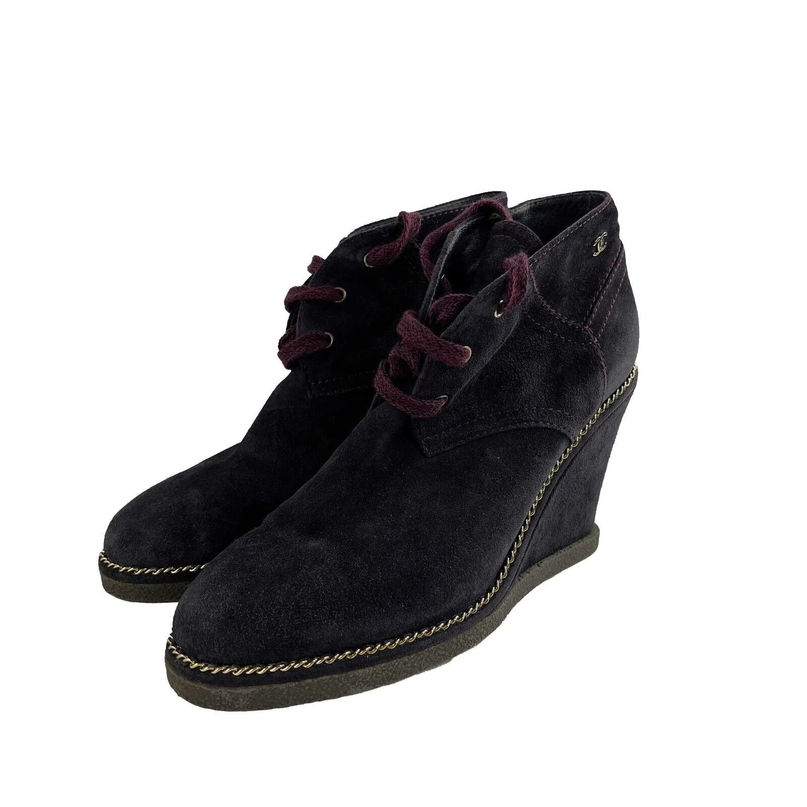 Chanel - Suede Chain Wedge - Dark Blue CC Boot - 37.5 US 7.5