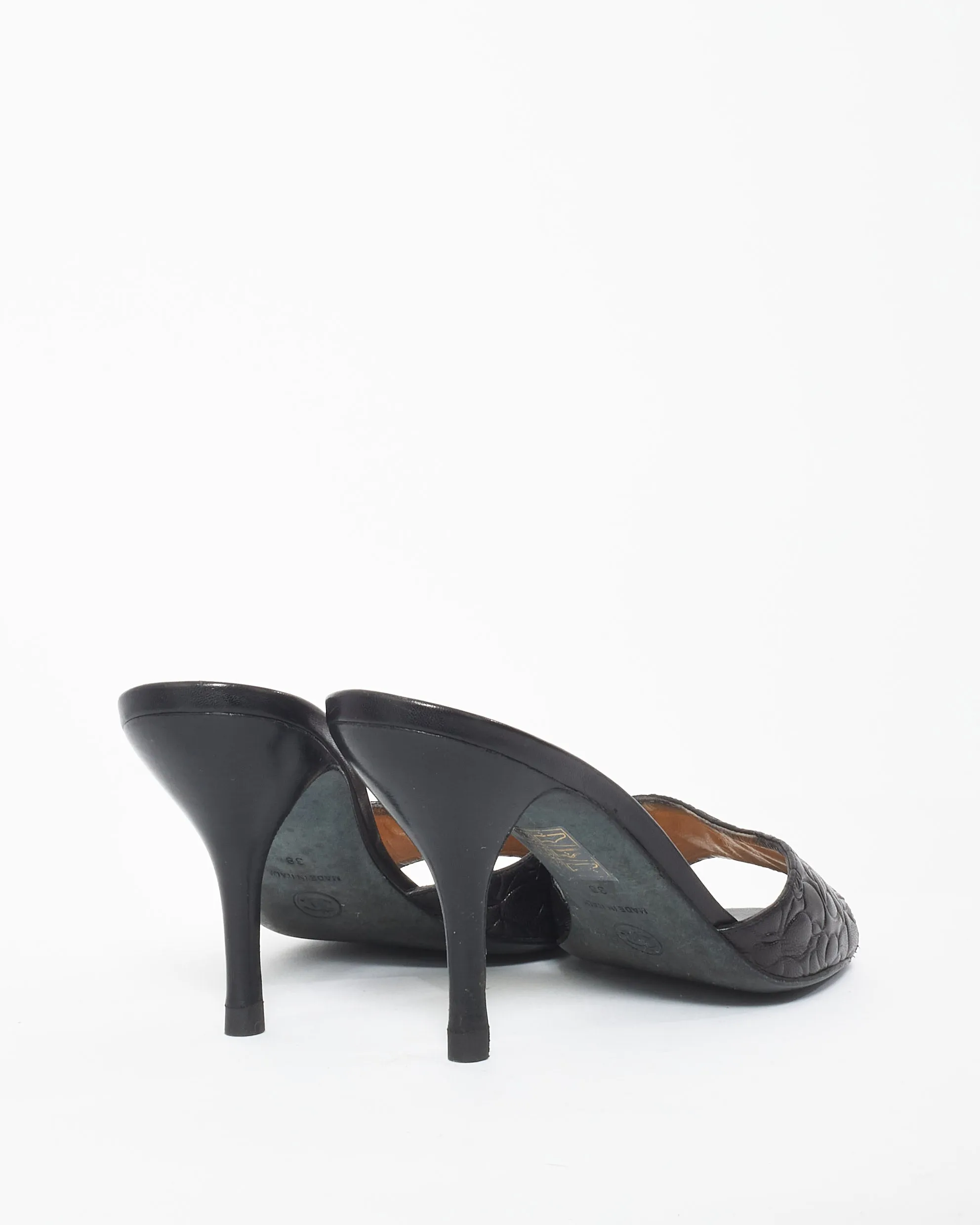 Chanel Vintage Black Leather Camelia Mule Heel Sandals - 38