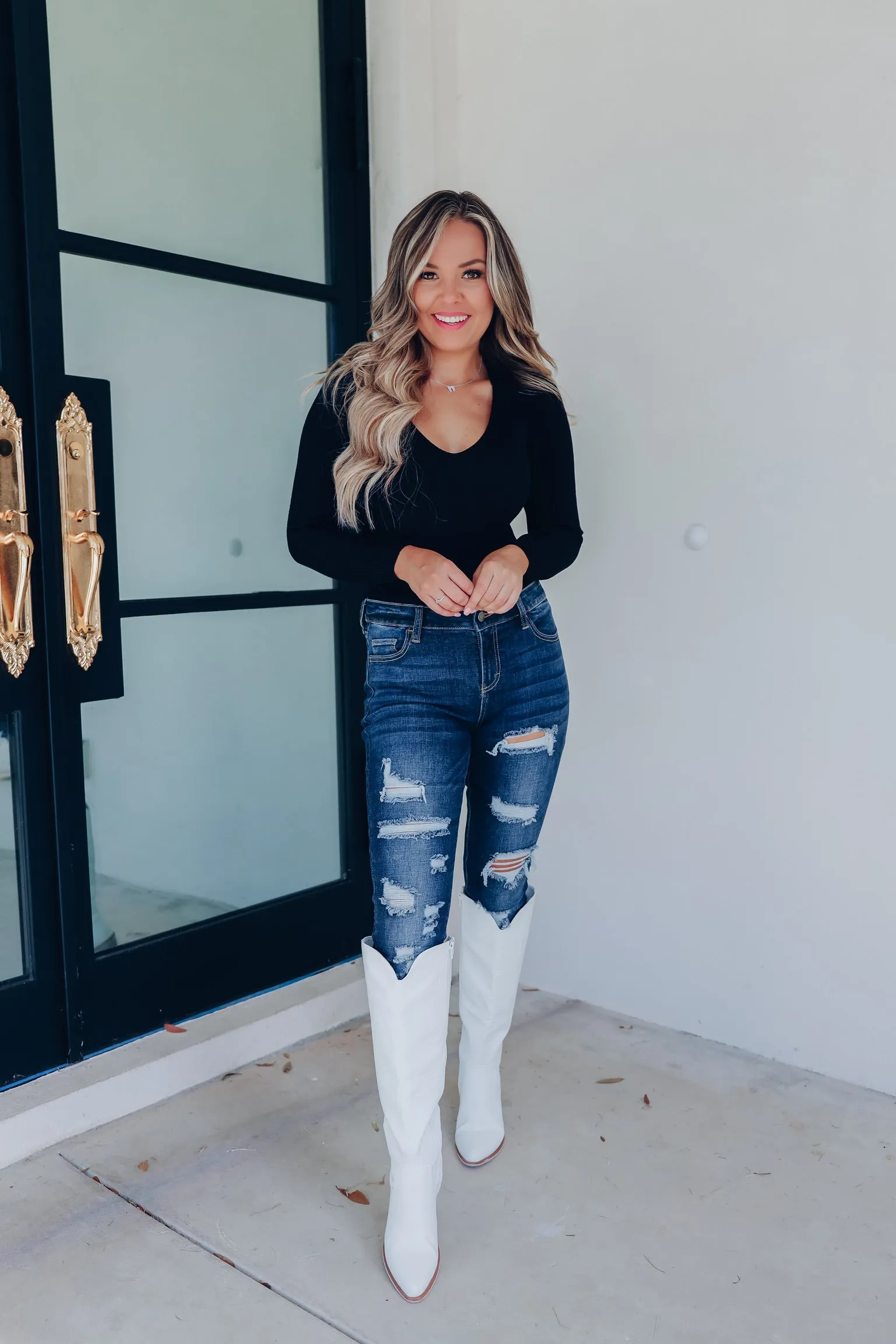 Charlene Collared V Neck Fitted Bodysuit - Black