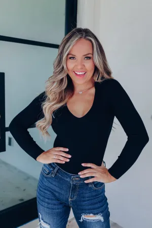 Charlene Collared V Neck Fitted Bodysuit - Black