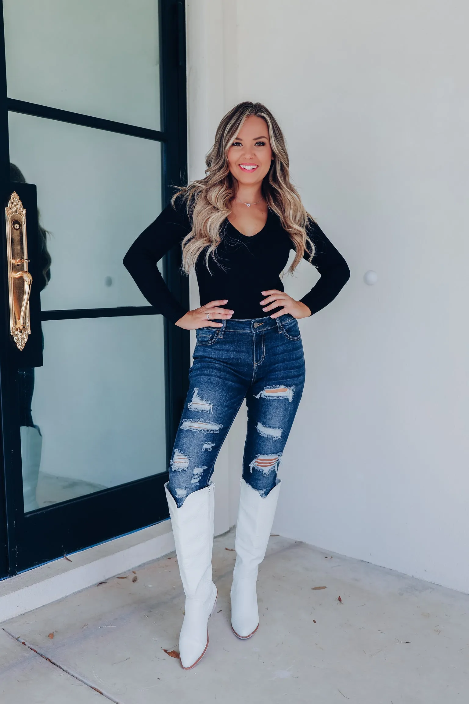 Charlene Collared V Neck Fitted Bodysuit - Black