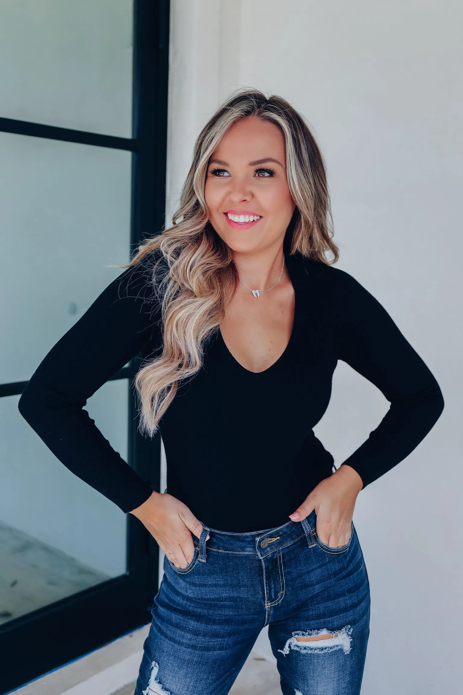 Charlene Collared V Neck Fitted Bodysuit - Black